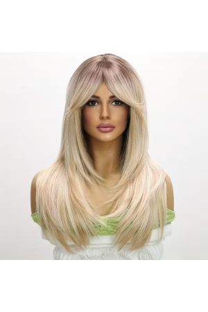 Customizable Shoulder-Length Layered Wig with Wispy Bangs, White Golden Balayage Straight Hair