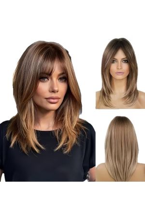 Customizable Shoulder-Length Layered Wig with Wispy Bangs – Brown Balayage Straight Hair