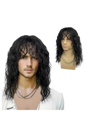 Custom Men Long Curly Black Wig Wet Look Spiral Curls & Fringe for a Bold Rock Style