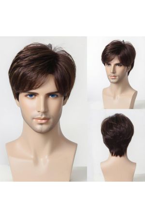 Custom Men’s Natural Brown Short Wig, Side Part Straight Layers, Classic Everyday Style