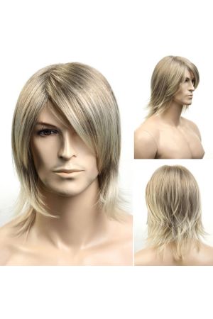 Men Ash Blonde 10 inch Length Layered Wig with Side Swept Fringe, Natural Straight Feathered Hair, Customizable